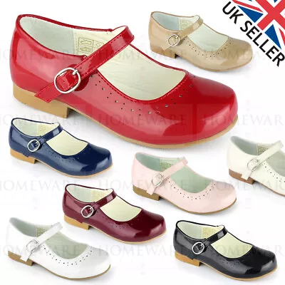 Girls Spanish Style Shoes Mary Jane Patent Pink White Ivory Navy Red Camel Uk4-2 • £22.99