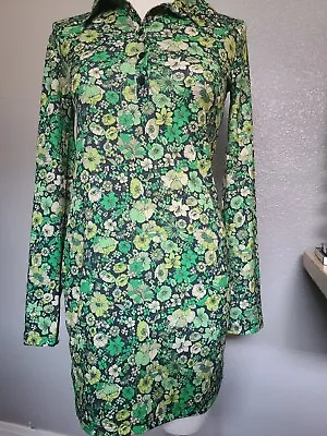Zara Women Green Floral Stretch Mini Dress Retro Inspired Mod Tunic Size Small • $26