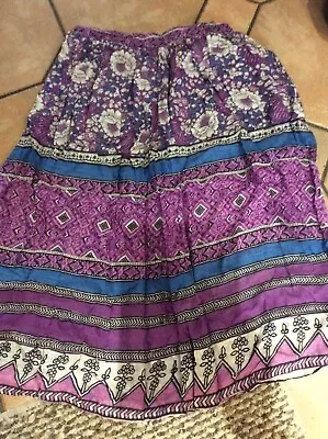 Vintage Hippie Skirt Midi 70s Retro Boho Gipsy DenimPurple Cotton M9 8-10 Floral • £7