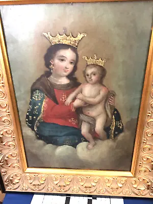 Vintage Neapolitan Oil Painting On Tin Madonna & Child “Queen Of The Mountain  • $625