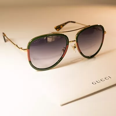 Gucci GG0062S 003 57mm Aviator Green/Red Unisex Sunglasses With Light Grey Lens • $190