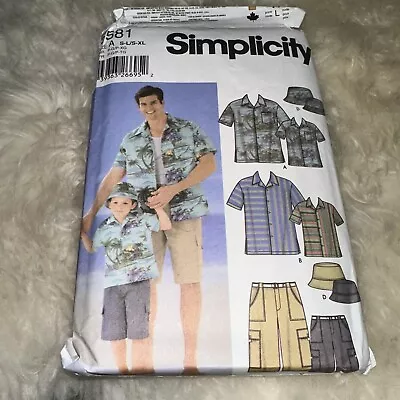 Simplicity Sewing Pattern Shirt Shorts Hat 5581 Mens: S-XL Boys:S-L Matching Set • $7