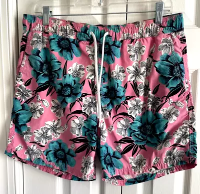 J Crew Hawaiian Floral Swim Trunk Bathing Board Shorts Pink Turquoise Lined Sz M • $7.99