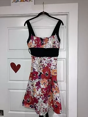 B Smart Cotton Blend Pink Red Floral Print Sundress Women's Size 14 Aline Tie • $18