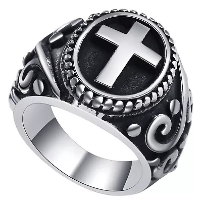 Vintage Men's Stainless Steel Cross Biker Ring Wide Wedding Band Size 9-13 • $9.99