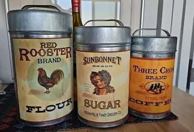 Vintage Set 3 Metal Rustic Flour Sugar & Coffee Canister Set W/Lids Farmhouse • $24.88