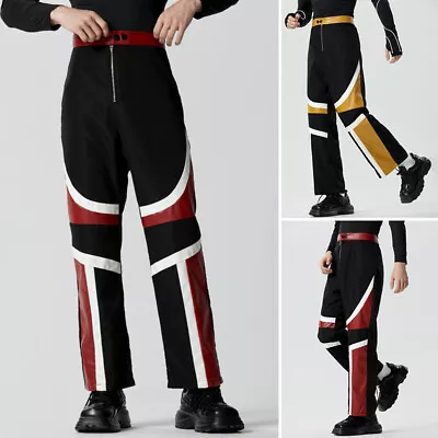 INCERUN Mens Fuax Leather Patchwork Long Pants Straight Leg Loose Trousers Plus • $29.44
