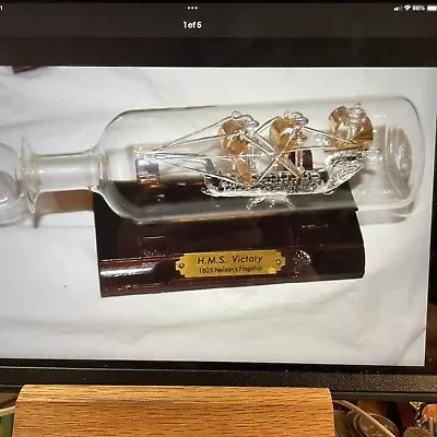 Vintage Spun Glass HMS VICTORY Ship In A Bottle & Wood Stand • $35