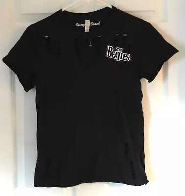 Woman VINTAGE BRAND Black V-Neck Distress Hole Beatles S/s T-Shirt Sz XS EUC Top • $10.69