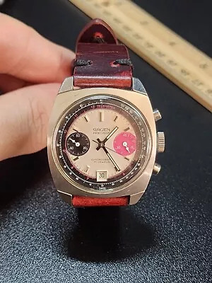 1970's GRUEN Panda Chronograph   Valjoux 7734  Date Mens Watch Works Great • $899.99