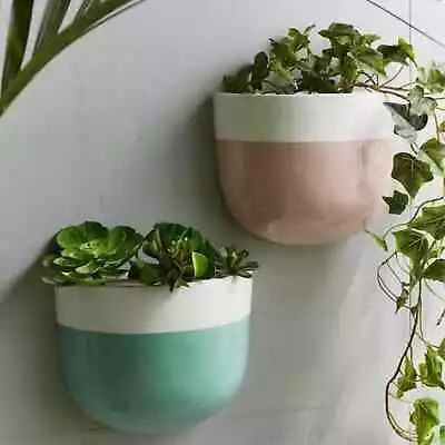 NEW ✨ Set Of 2 ✨ Medium Wall Mounted Ceramic Planter Two Tone (Pink/Green) • £49.98