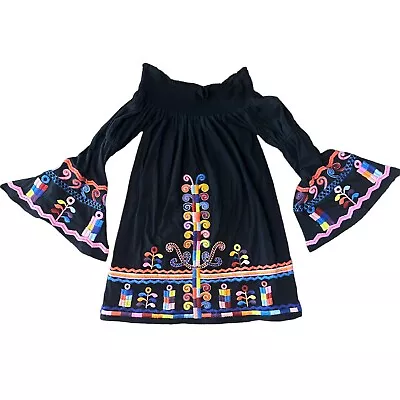 Off The Shoulder Flare Sleeve Embroidered Dress Black Floral L VaVa By Joy Han • $17.40