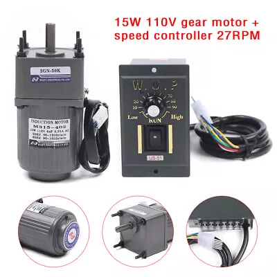 Gear Motor Electric Variable Speed Controller 1:50 27RPM High Torque 15W AC 110V • $55.10