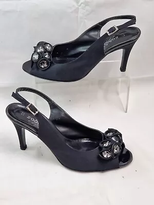 Zodiaco Satin Slingback Sandals Black Peep Toe Diamante Mid Heel 8cm Party Shoes • £24.49