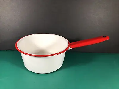 Vintage Enamelware White With Red Trim Sauce Pot | 10  X 6  | 4 Cup Volume • $16.99