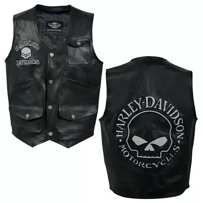 Harley Men's Reflective Skull Real Leather Black Motorcycle Vest HD Ves • $151.86