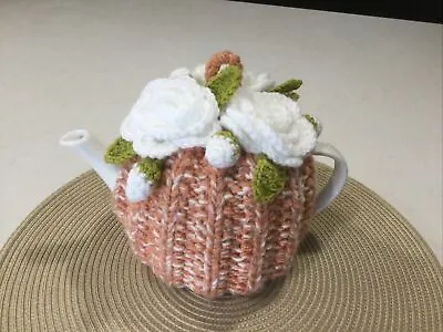 EXTRA THICK 4 Cup Tea Pot Cosy Hand Knitted Peach/White & Crochet Roses & Buds. • $25