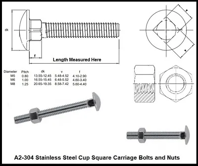 A2 Stainless Steel Cup Square Coach Bolts & Nuts M5 M6 M8 Carriage Bolts • £6.30