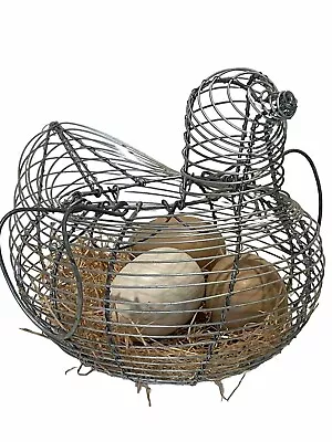 Vintage Chicken Egg Basket Metal Wire With Handles Hen With 3 Wood Eggs • $15