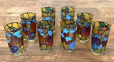 Vintage 60’s 8 Libbey Stained Glass Fruit 13oz Drinking Highball Collins Glasses • $24