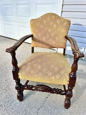 Beautiful Antique Upholstered Armchair – GORGEOUS CARVED DETAILS • $399