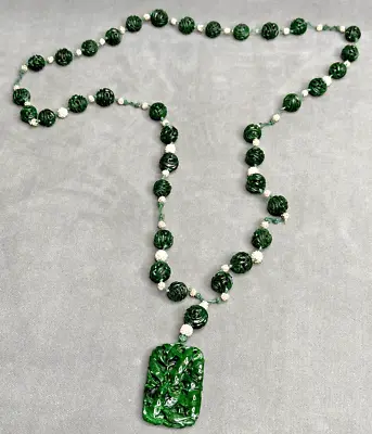 $99 • Buy Vtg Huge Chinese Carved Spinach Green Jade Pierced Beads,  Bead Necklace 23”