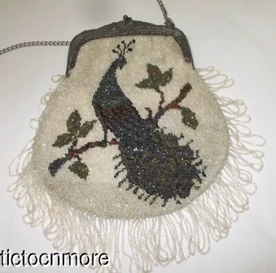 Antique French Beaded Purse Carnival Bead Peacock & Branch Floral Bas Frame • $24.99