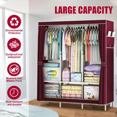 170cm Large Canvas Wardrobe With Hanging Rail Shelving Clothes Storage Cupboard • £21.49