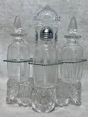 Antique Barware Cruet Set Early American Cut Glass Etched Salt Mustard Decanters • $45