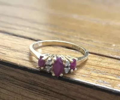 Vintage Marquise 3-Stone Ruby And Diamond Ring 14k Yellow Gold • $190