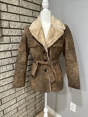 Moda International BeltedLeather Faux Fur Jacket Size S Vintage • $60