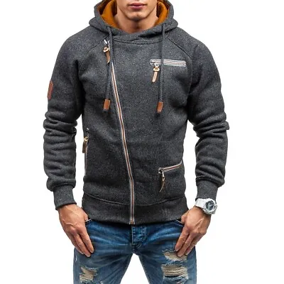 Mens Casual Oblique Zip Hoodie Jacket Winter Woolen Fleece Pullover Coats Sports • $30.85