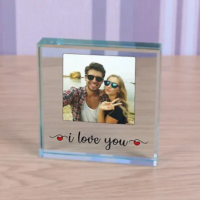 Personalised Glass Photo Block Token - I Love You Valentine's Day Birthday Gift • £13.99