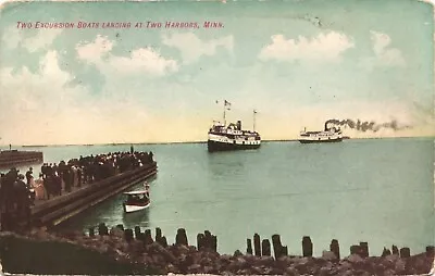 EXCURSION STEAMBOATS Original Antique Postcard TWO HARBORS MINNESOTA MN C1910 • $10