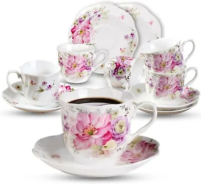Vintage Floral Tea Cups And Saucers Coffee Kitchen Espresso White Pink Set Of 6 • $42.50