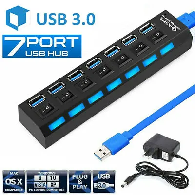 7 Ports USB Hub 3.0 Powered Splitter ON/OFF Switch AC Adapter Cable PC Laptop • $5.99