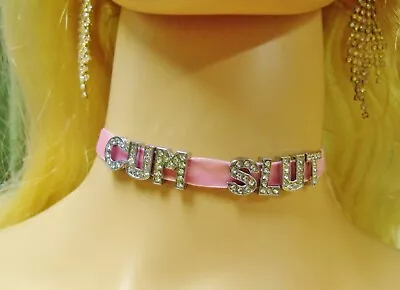 Any Size Personalized Choker Collar Pink Velvet BDSM DDLG Sissy Kitten CUM Slut • $25.95