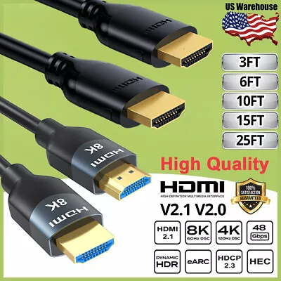 8K 4K HDMI Cable 2.1 2.0 High Speed 3D HDTV Ethernet PC Cord 3FT 6FT 10FT 25FT • $6.99