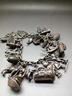 Vintage Quality Sterling Silver Heavy Large Charm Bracelet 118 Grams 22 Charms • $259