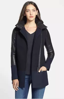 MACKAGE 'Leita' Mixed Media Asymmetrical Zip Leather Down Coat Size Small • $224