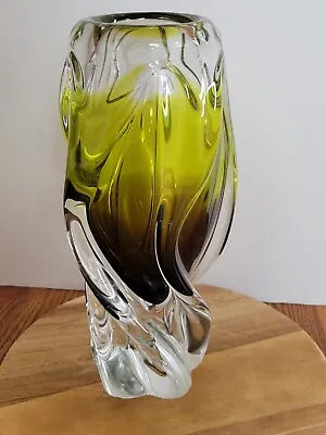 Twisted Ribbed Glass Vase Vintage MCM 60s Green Mid Century Modern 11  X 3  • $54.99