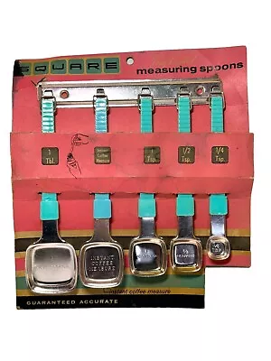 Cute Retro NEW 50s Square Measuring Spoon 5 Pc Set Wall Rack Teal Aluminum Lot • $32.50