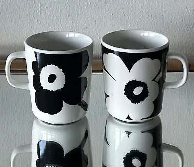 Set Of 2 Marimekko Oiva Unikko 70th Anniversary Mugs Cups Black White  Poppy • $75