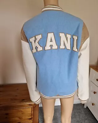 Karl Kani College Block Bomber Baseball Varsity Jacket Felt Leather Blue Cream S • £32.99