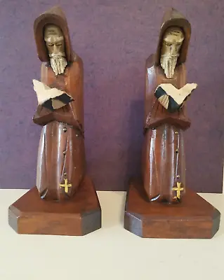 Wooden Monk Friar Priest Bible Carved Religious Folk Art Vintage Figure Bookends • $29.99