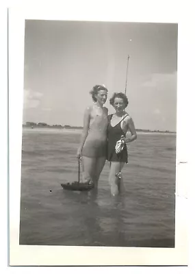 1940s Affectionate Women Bathing Suits Beach Fishing Pole Toy Ship VTG Photo UU • $12