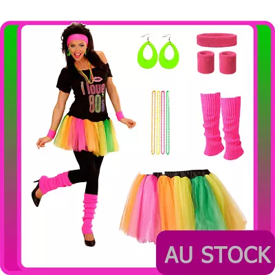 Womens 80s Costume 1980s Party Girl Rainbow Skirt I Love 80's Girls Fancy Dress • $44.64