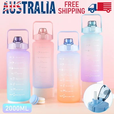 $10.90 • Buy 2L Water Sports Bottle Straw Cup Motivational Drink Flask With Time Markings Gym