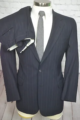 Vintage DAKS Mens Navy Blue Wool Pinstripe 2 Piece Suit 40R Jacket 34x31 Pant • $47.97