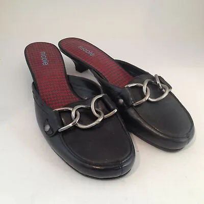 Nicole Leather Mules Slides Slip On Shoes Black Silver Chain Size 6m 1  Heel • $32.16
